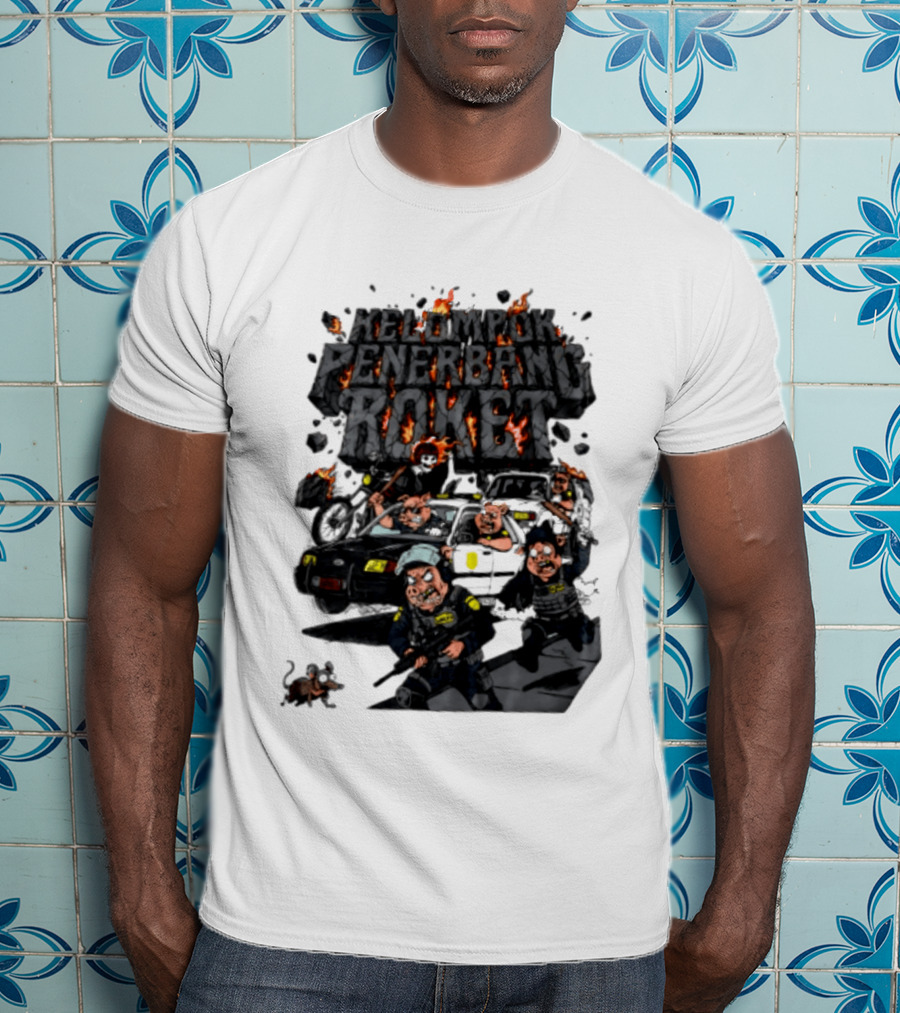 Kelompok Penerbang Roket Pig Police Bastard Burning Riot Scene T-Shirt