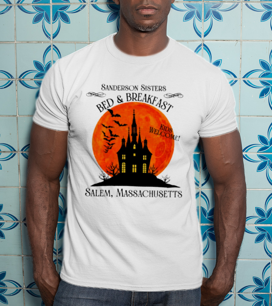 Sanderson Sisters Bed And Breakfast Kids Welcome Salem Massachusetts Halloween Bats Haunted House T-Shirt