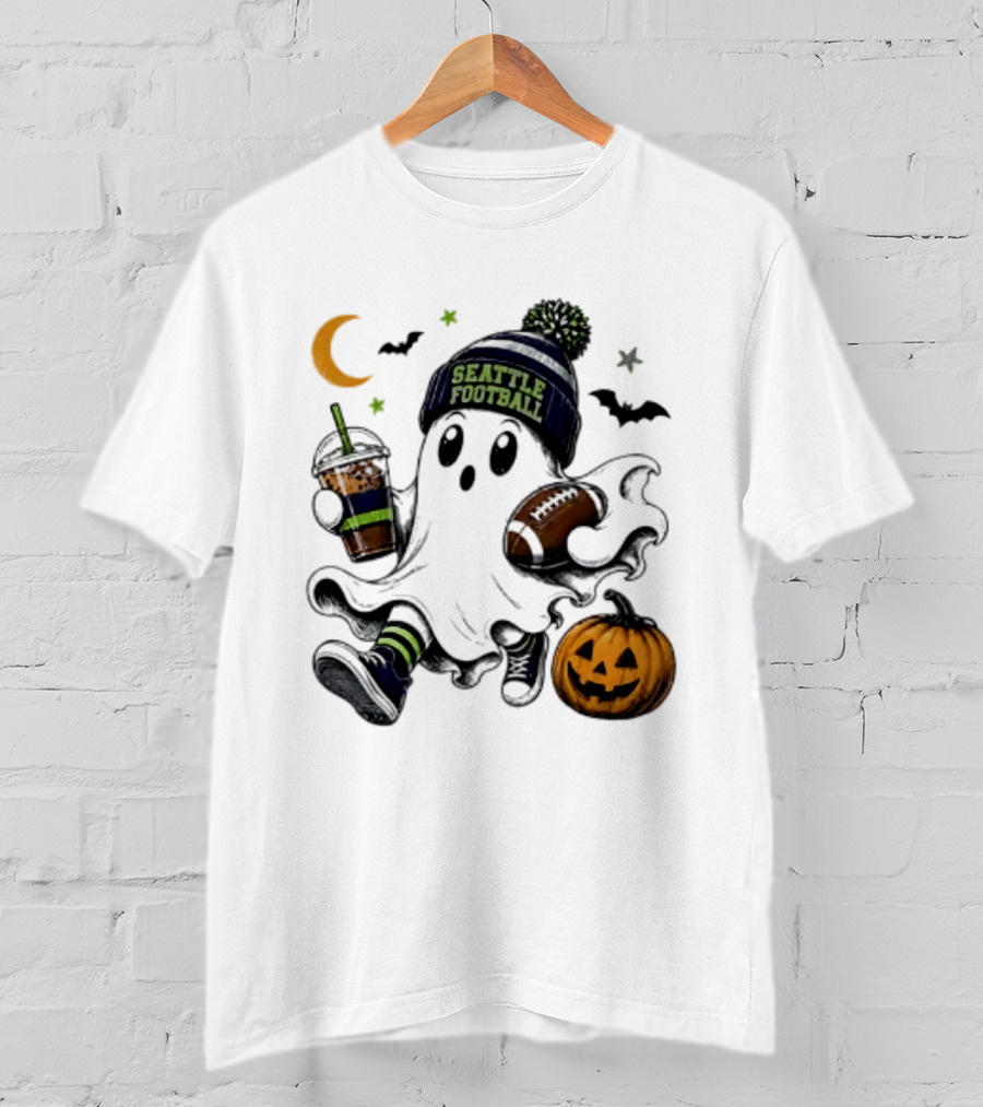Seattle Football Halloween Ghost With Pumpkin Coffee And Moon T-Shirt