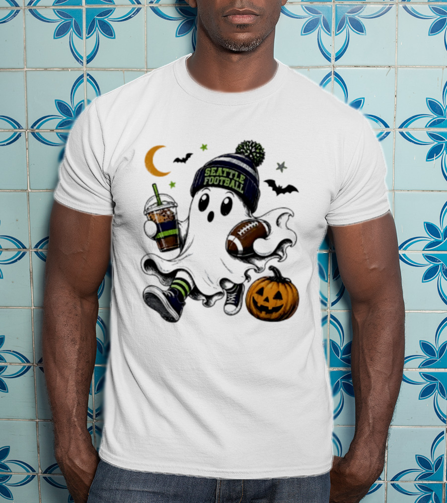 Seattle Football Halloween Ghost With Pumpkin Coffee And Moon T-Shirt
