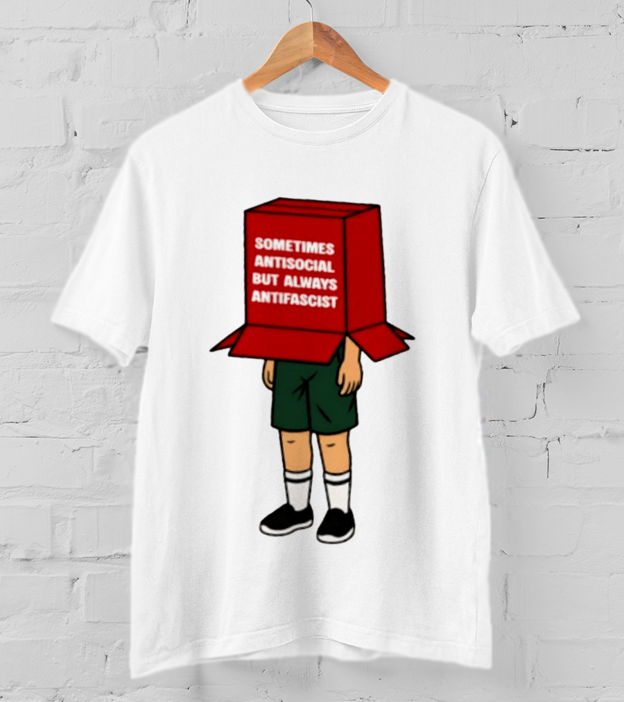 Sometimes Antisocial But Always Antifascist Box Head Cartoon T-Shirt