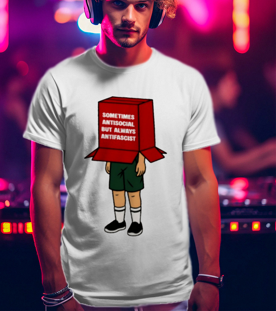 Sometimes Antisocial But Always Antifascist Box Head Cartoon T-Shirt