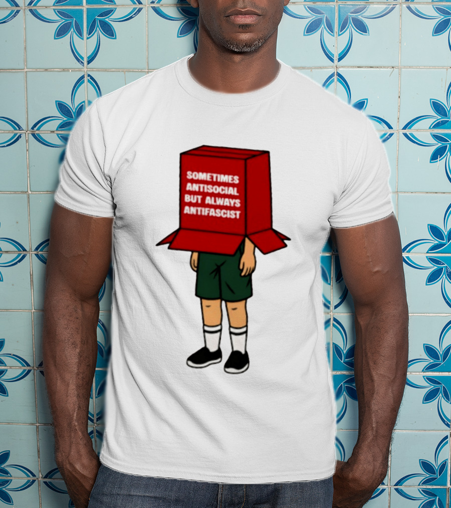 Sometimes Antisocial But Always Antifascist Box Head Cartoon T-Shirt
