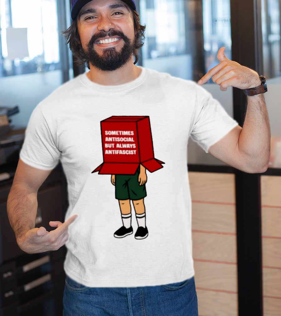 Sometimes Antisocial But Always Antifascist Box Head Cartoon T-Shirt