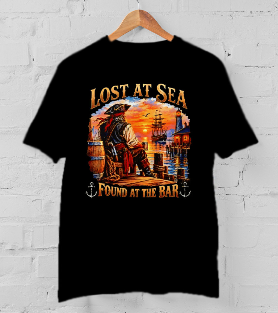 Lost At Sea Found At The Bar Pirate Sunset Sarcastic Humor T-Shirt