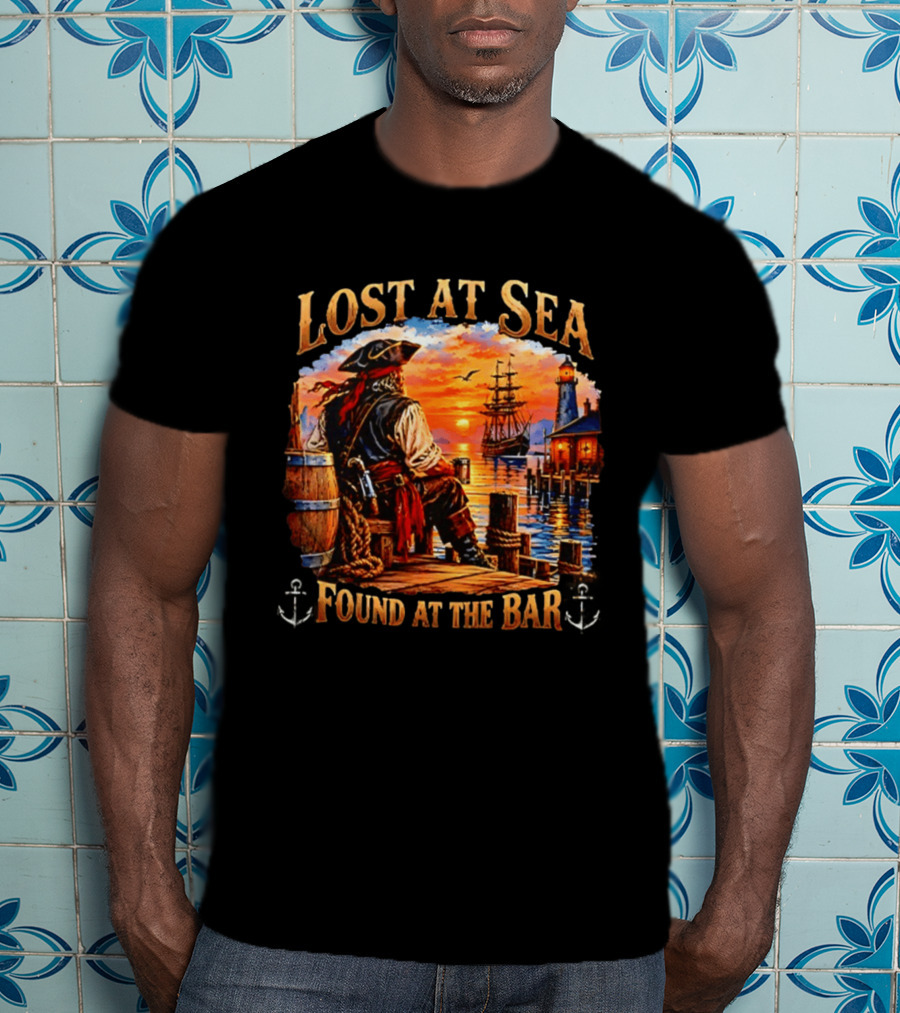 Lost At Sea Found At The Bar Pirate Sunset Sarcastic Humor T-Shirt