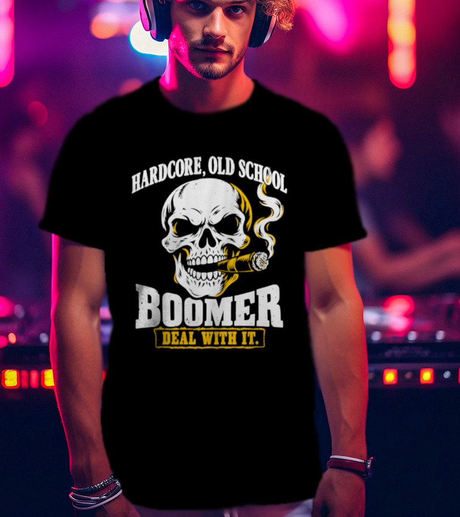 Hardcore Old School Boomer Skull Smoking Deal With It T-Shirt