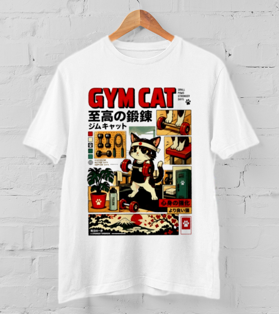 GYM CAT Small Paws Stronger Days Stronger Tomorrow Japan Fitness Comic T-Shirt