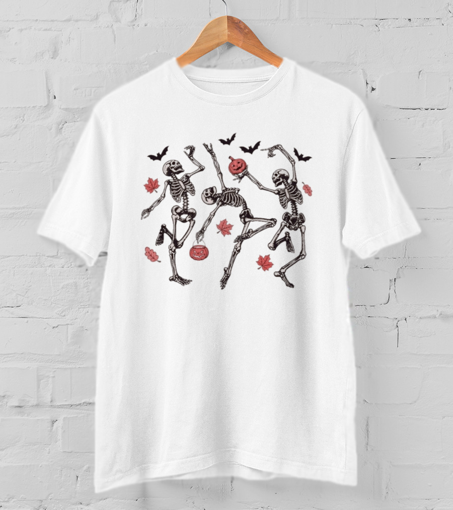 Halloween Pumpkin Dancing Skeletons With Red Autumn Leaves And Bats T-Shirt