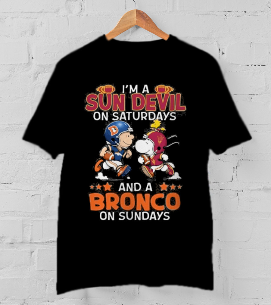 Charlie Brown Snoopy Sun Devil Saturdays Broncos Sundays Football Fan Duo T-Shirt