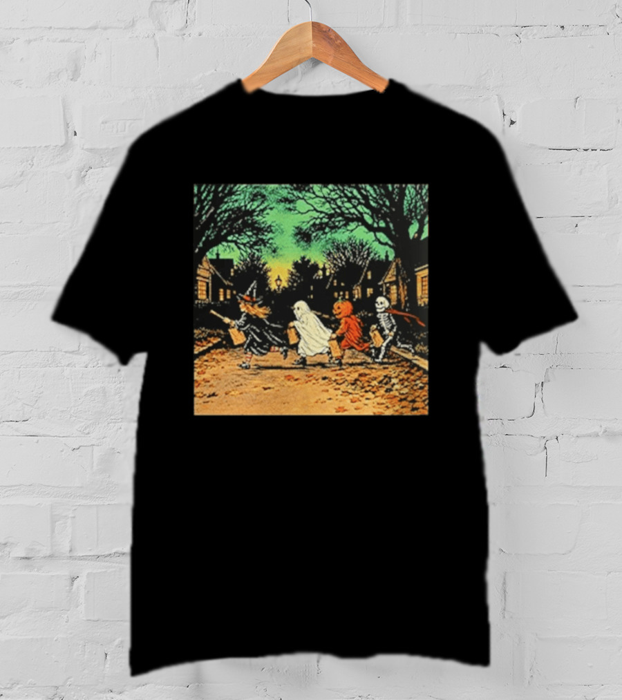 Trick Or Treat Witch Ghost Pumpkin Skeleton Halloween Scene T-Shirt