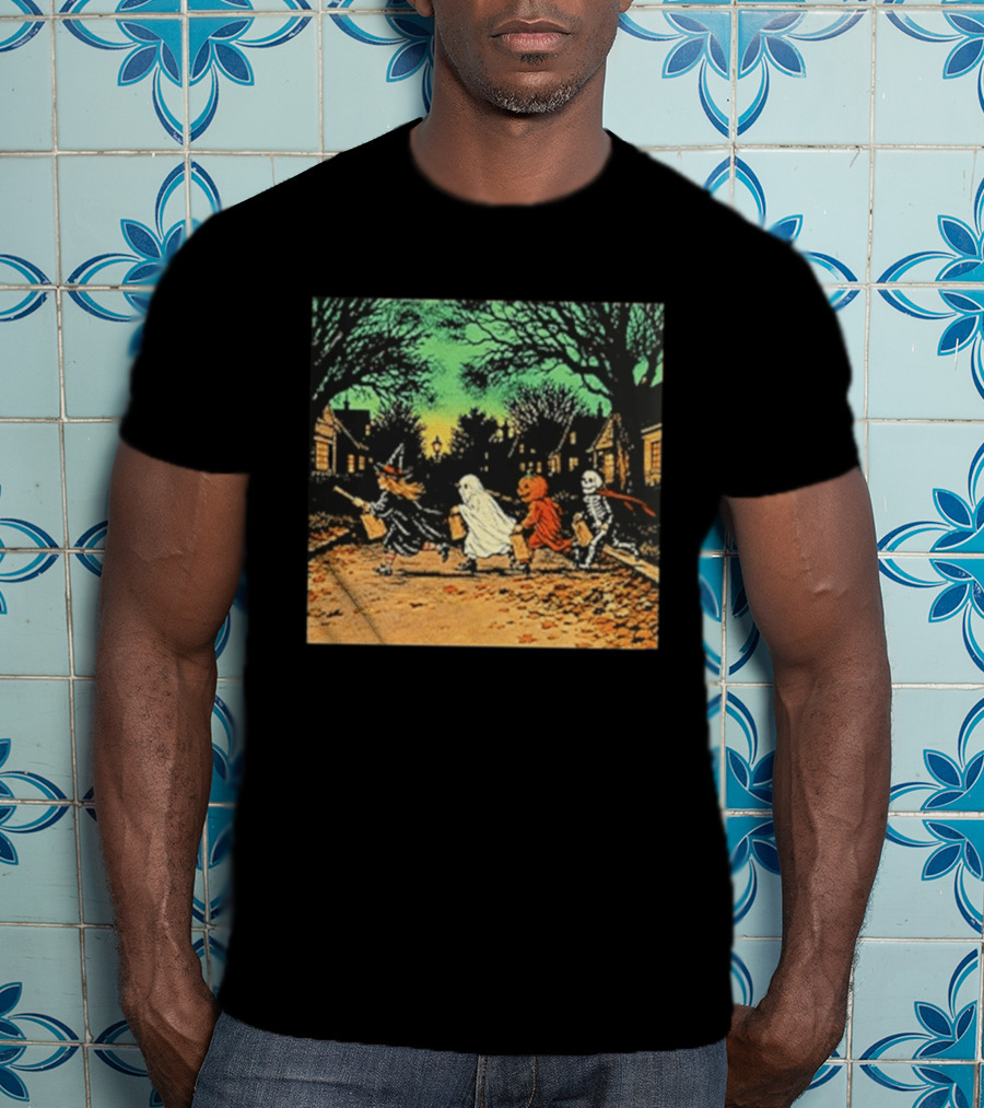 Trick Or Treat Witch Ghost Pumpkin Skeleton Halloween Scene T-Shirt