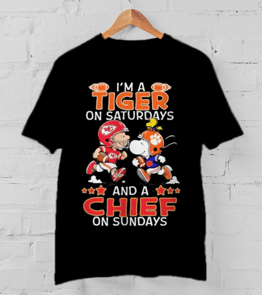Charlie Brown Snoopy Tiger Saturdays Chief Sundays Football T-Shirt