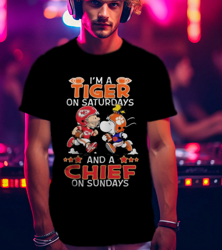 Charlie Brown Snoopy Tiger Saturdays Chief Sundays Football T-Shirt