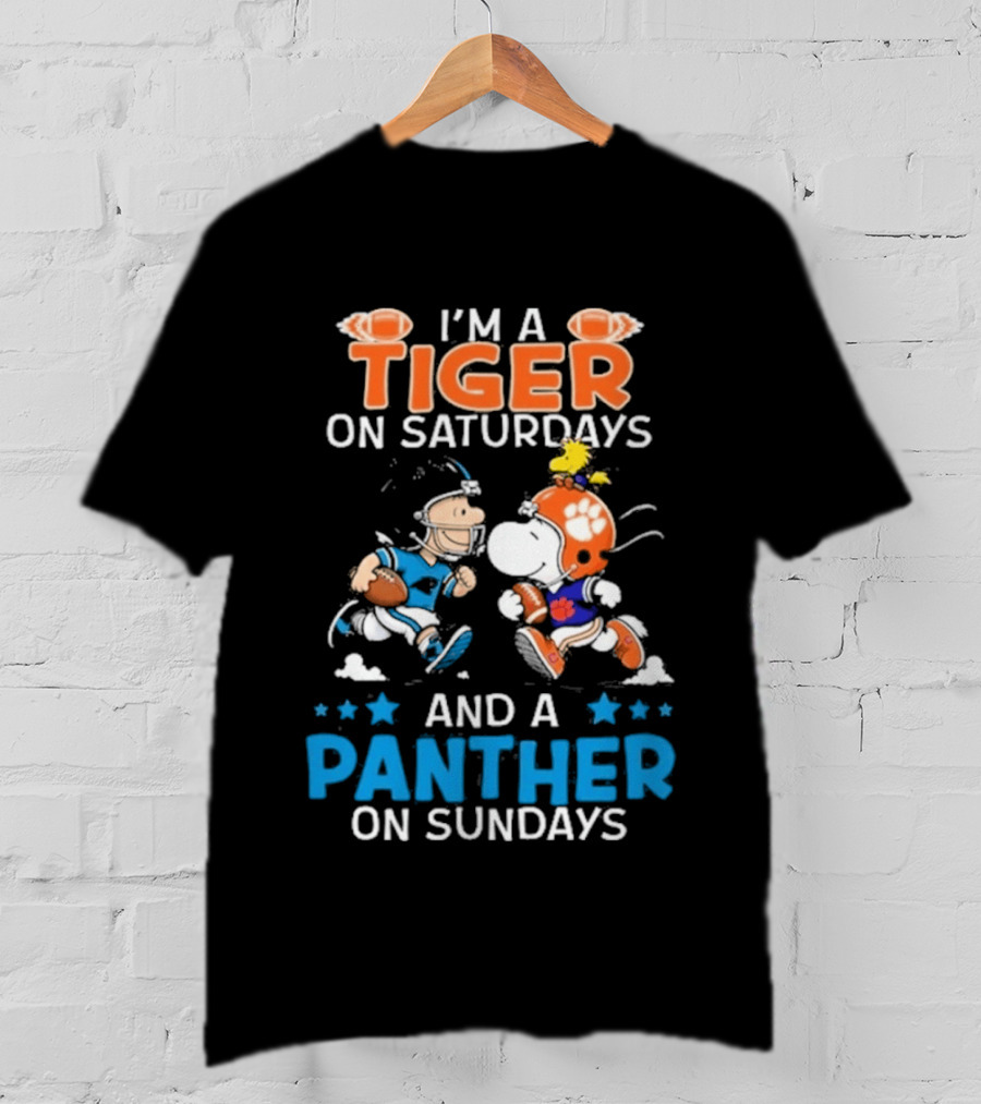 Charlie Brown Snoopy Tiger Saturdays Panther Sundays Football T-Shirt
