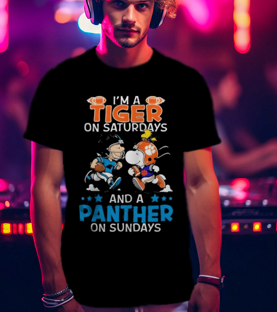 Charlie Brown Snoopy Tiger Saturdays Panther Sundays Football T-Shirt