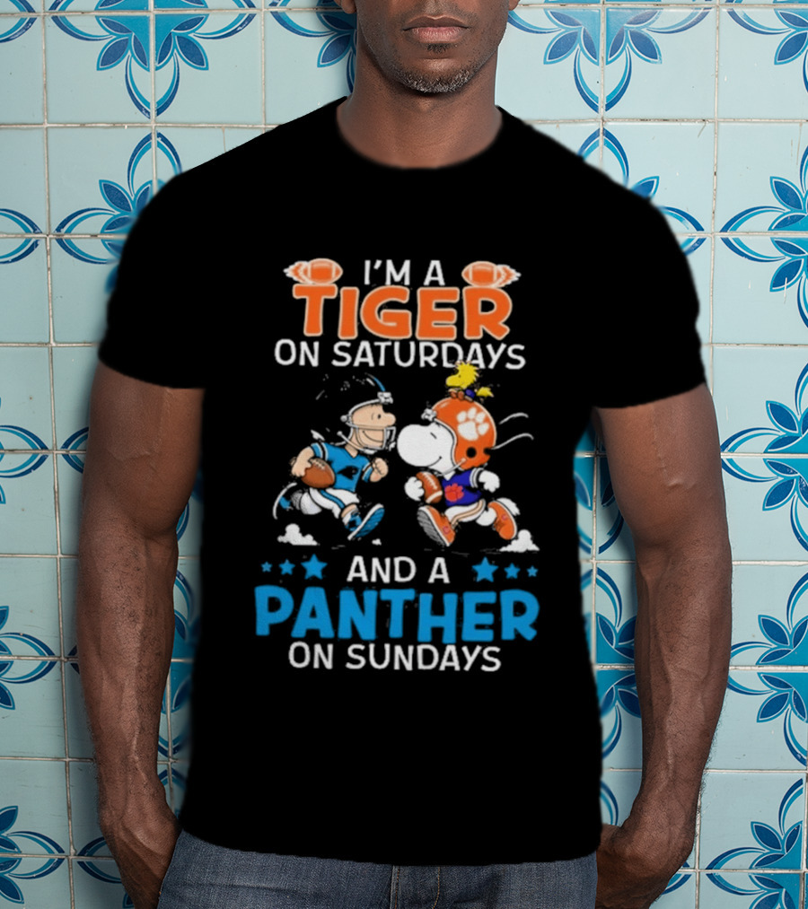 Charlie Brown Snoopy Tiger Saturdays Panther Sundays Football T-Shirt