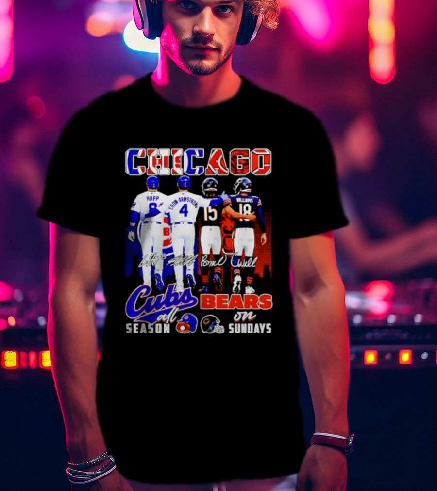 Chicago Cubs Happ And Bote Bears Fields And Moore Signature Skyline Sundays All Season T-Shirt