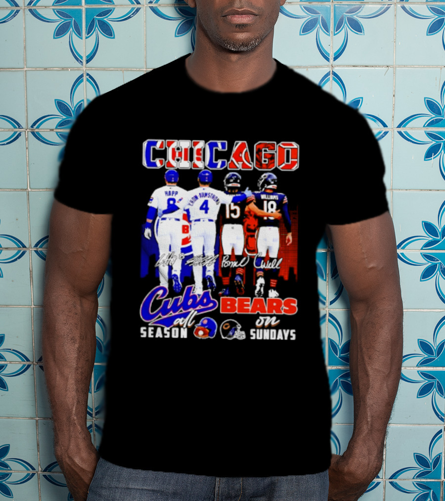 Chicago Cubs Happ And Bote Bears Fields And Moore Signature Skyline Sundays All Season T-Shirt
