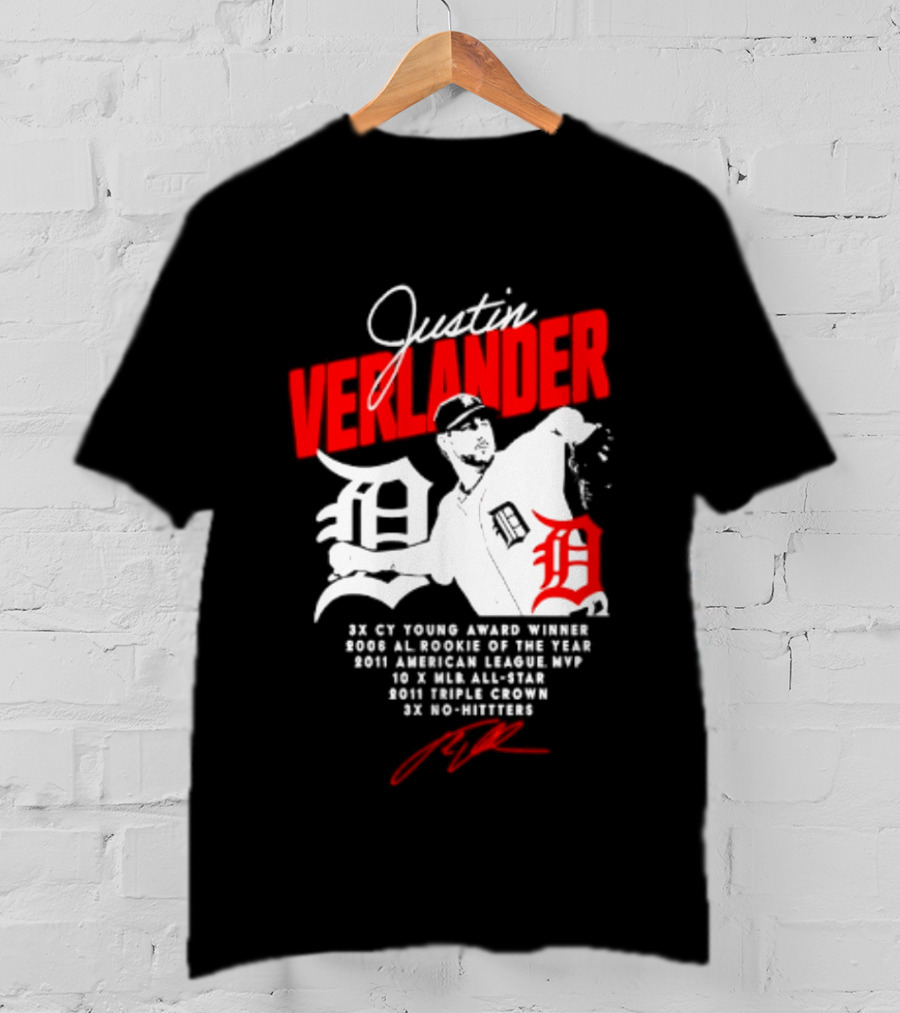 Detroit Tigers Justin Verlander No Hitter AL Rookie MVP Cy Young Winner MLB Career T-Shirt