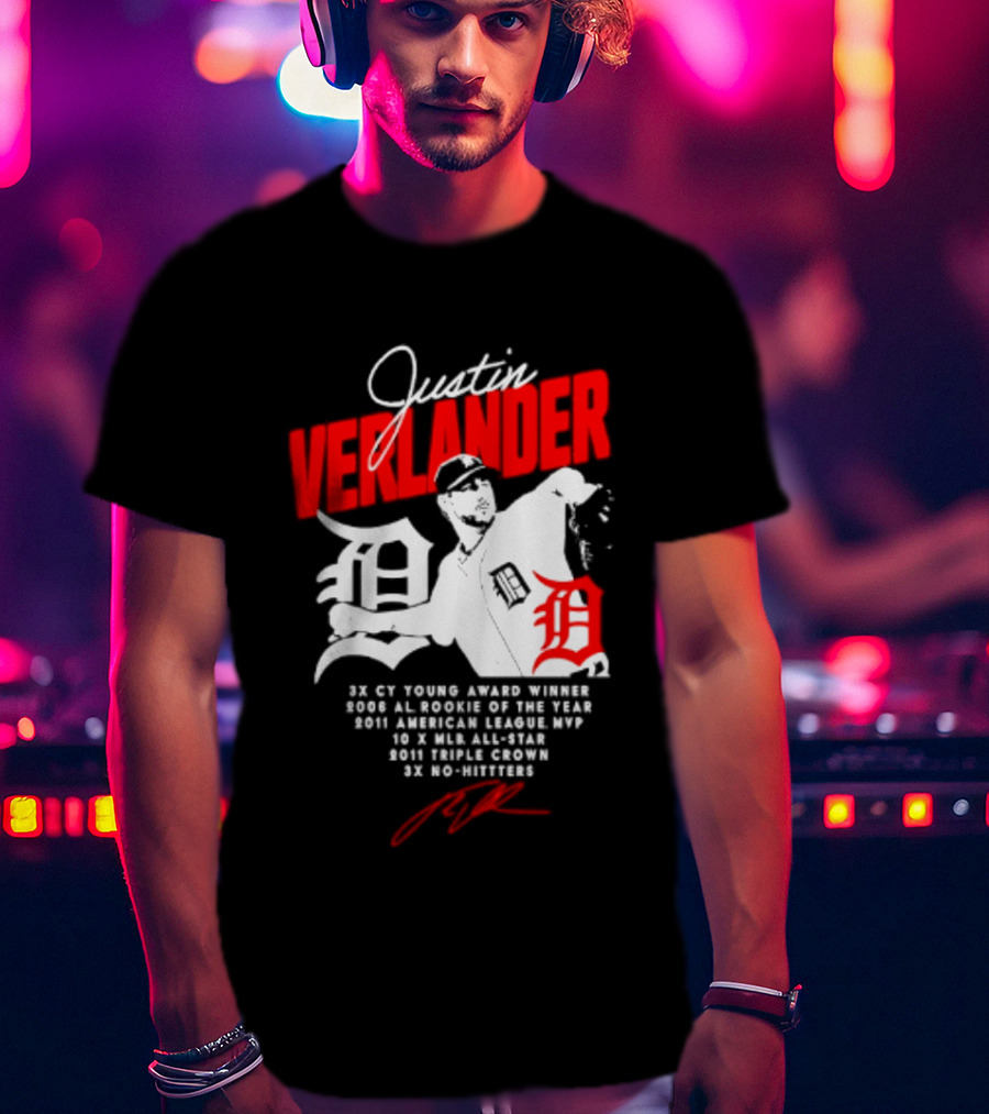Detroit Tigers Justin Verlander No Hitter AL Rookie MVP Cy Young Winner MLB Career T-Shirt