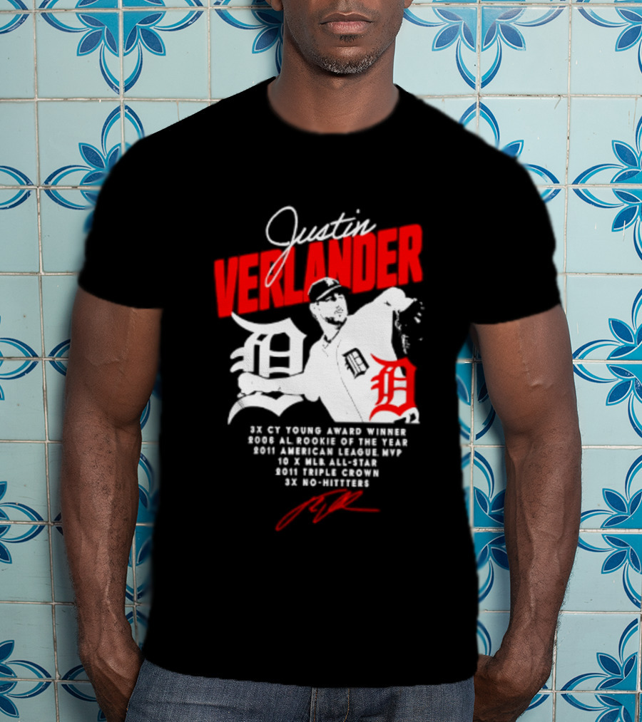 Detroit Tigers Justin Verlander No Hitter AL Rookie MVP Cy Young Winner MLB Career T-Shirt