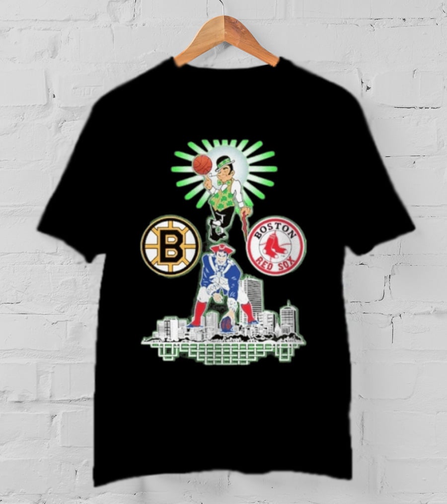 Boston Celtics Red Sox Bruins Skyline Triple Team Sports Boston T-Shirt