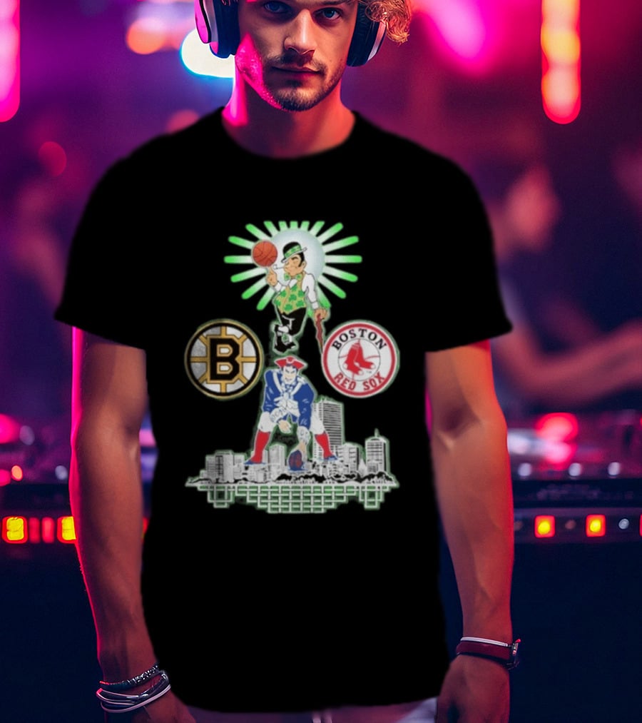 Boston Celtics Red Sox Bruins Skyline Triple Team Sports Boston T-Shirt