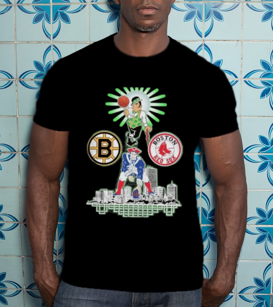 Boston Celtics Red Sox Bruins Skyline Triple Team Sports Boston T-Shirt