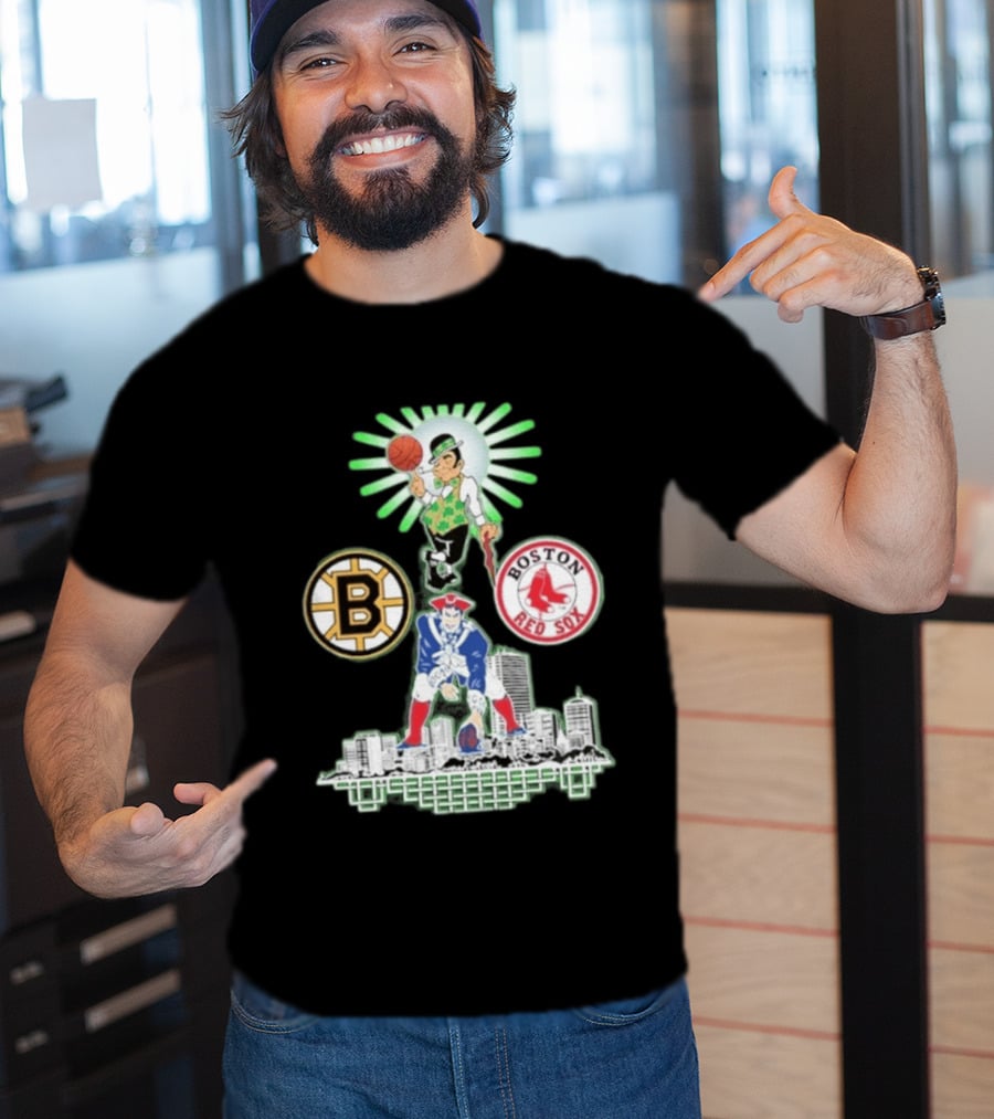 Boston Celtics Red Sox Bruins Skyline Triple Team Sports Boston T-Shirt