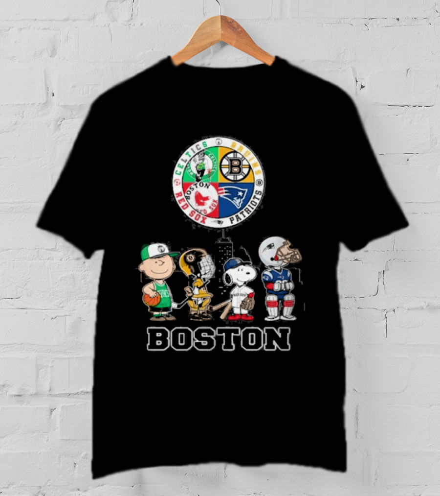 Boston Celtics Bruins Red Sox Patriots Cartoon Characters Skyline Sports T-Shirt