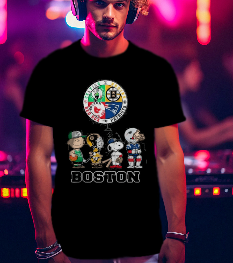 Boston Celtics Bruins Red Sox Patriots Cartoon Characters Skyline Sports T-Shirt