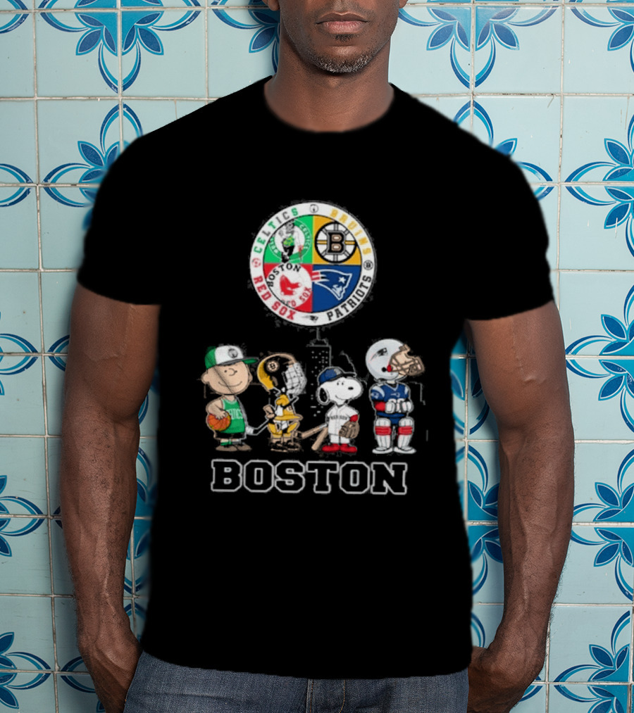 Boston Celtics Bruins Red Sox Patriots Cartoon Characters Skyline Sports T-Shirt