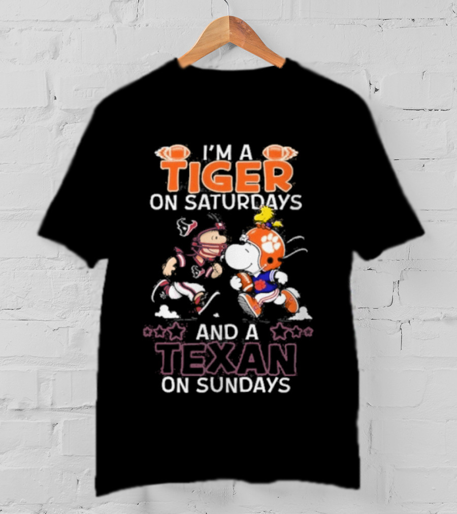 I'm A Tiger On Saturdays And A Texan On Sundays Charlie Brown Snoopy T-Shirt