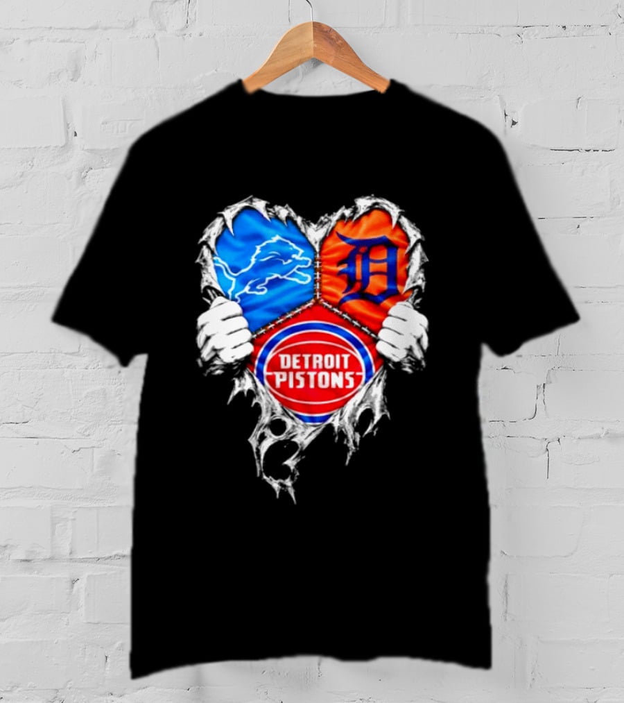 Detroit Lions Tigers Pistons Heart Scratch Mashup T-Shirt