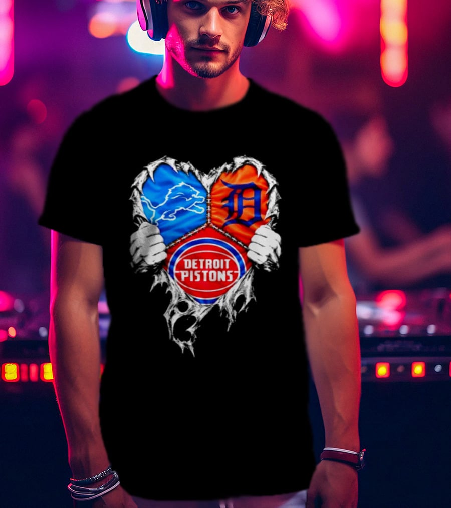 Detroit Lions Tigers Pistons Heart Scratch Mashup T-Shirt