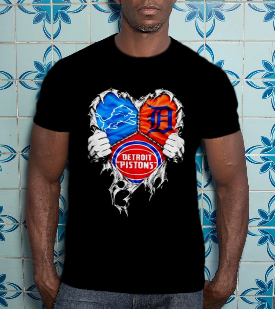 Detroit Lions Tigers Pistons Heart Scratch Mashup T-Shirt