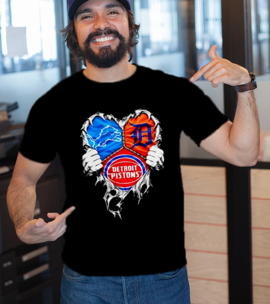 Detroit Lions Tigers Pistons Heart Scratch Mashup T-Shirt