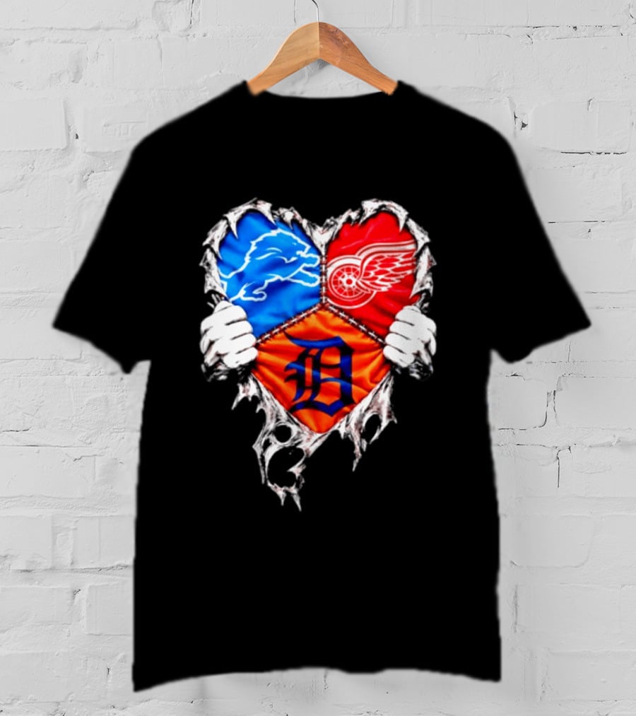 Detroit Lions Red Wings Tigers Heart Scratch Mashup T-Shirt