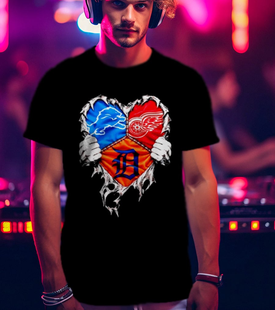 Detroit Lions Red Wings Tigers Heart Scratch Mashup T-Shirt
