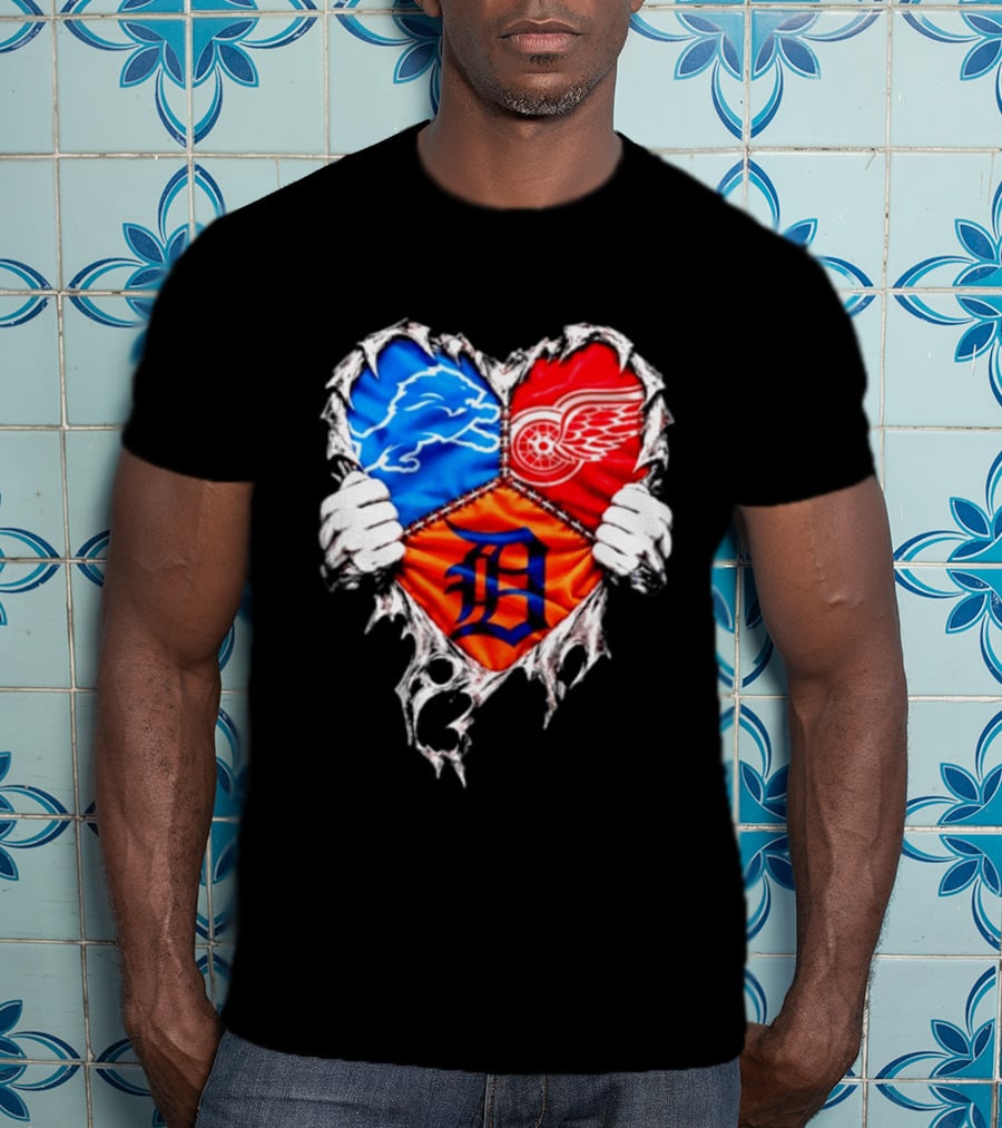 Detroit Lions Red Wings Tigers Heart Scratch Mashup T-Shirt