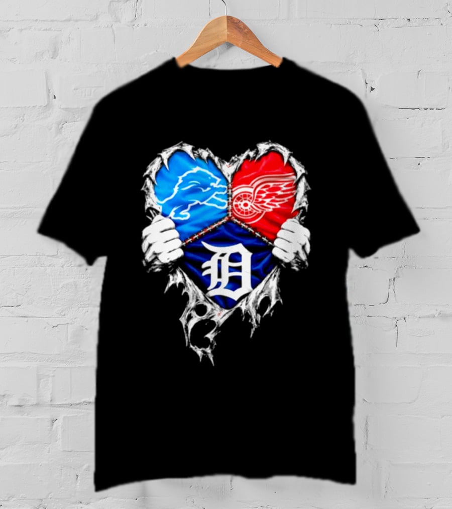 Detroit Lions Red Wings Tigers Heart Scratch Mashup T-Shirt