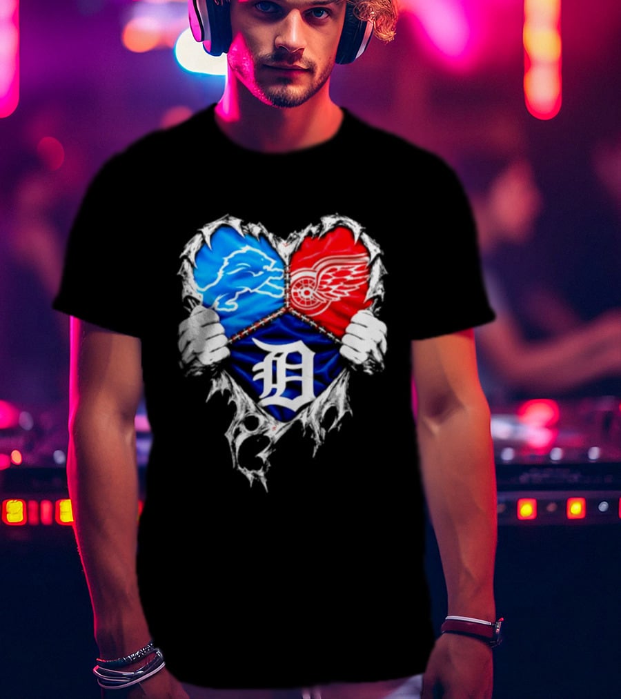 Detroit Lions Red Wings Tigers Heart Scratch Mashup T-Shirt