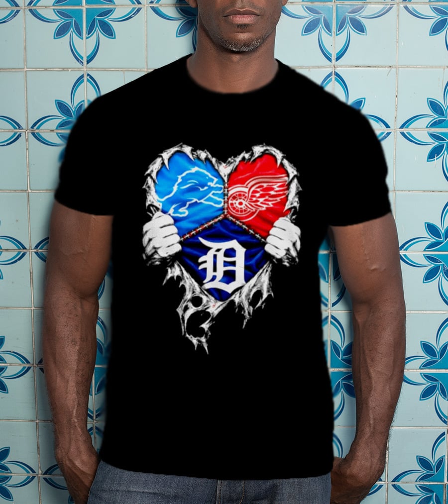 Detroit Lions Red Wings Tigers Heart Scratch Mashup T-Shirt