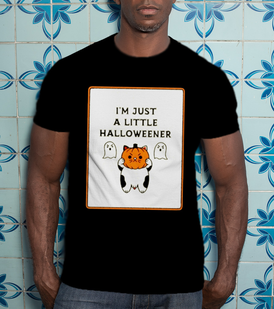 I'm Just A Little Halloweener Cat Holding Pumpkin Face With Ghosts T-Shirt