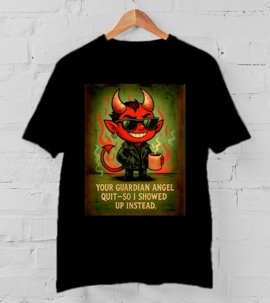 Devil Your Guardian Angel Quit So I Showed Up Instead Vintage Retro Humor T-Shirt