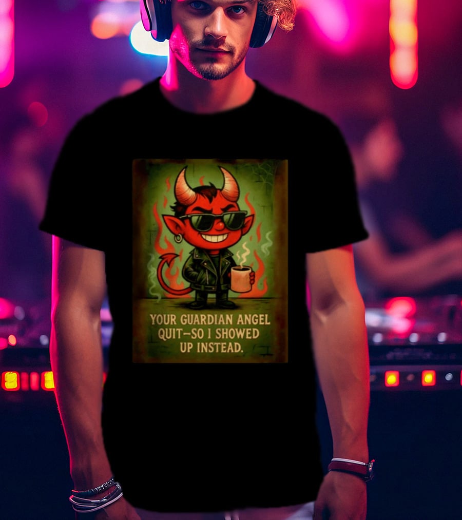 Devil Your Guardian Angel Quit So I Showed Up Instead Vintage Retro Humor T-Shirt