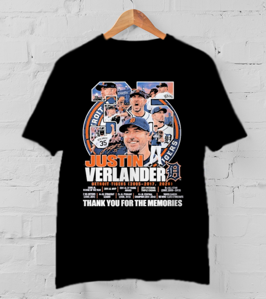 Justin Verlander Detroit Tigers 35 Thank You For The Memories 2005 2017 2026 T-Shirt