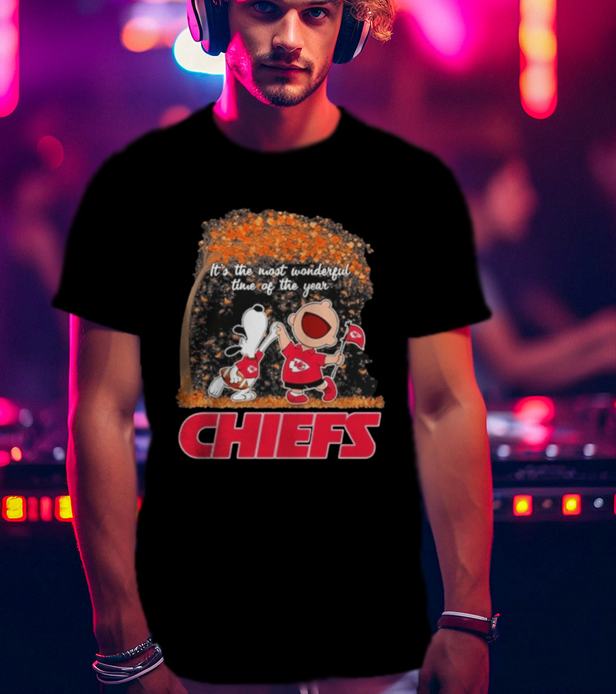 Kansas City Chiefs Snoopy Charlie Brown Dancing It's The Most Wonderful Time Of The Year T-Shirt