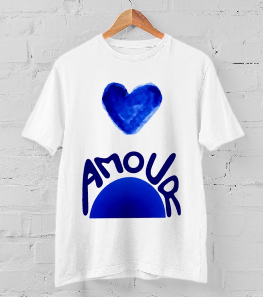 Amour Blue Heart French Love Watercolor T-Shirt